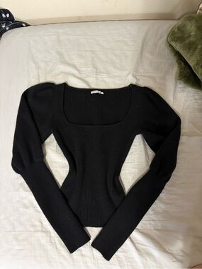 Reformation Black Ribbed Square-Neck Knit Top